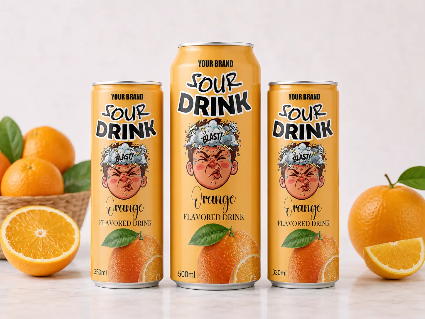 SOUR DRINK Orange Flavored Drink in 250ml, 500ml, and 330ml cans.